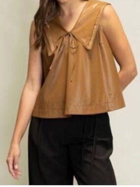 Sleeveless Tan Faux-Leather Sailor-Collar Camisole